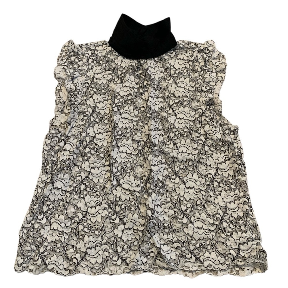 Zara Woman Black & White Lace High Neck Cap Sleeve Top Blouse - Size M